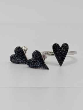 Black Spinel Set, Heart Earrings And Ring Size 7, NEW, 925, Multiple Available